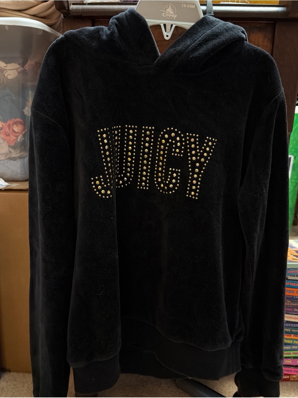 Juicy Couture Black hoodie gold rhinestone studding front logo Girls Size 12
